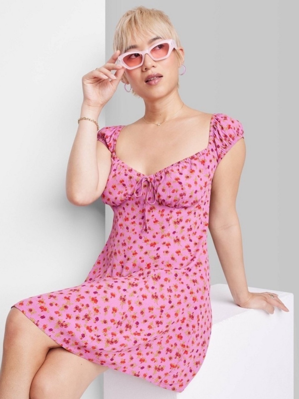 Wild Fable Women's Pink Floral Skater Milkmaid Babydoll Dress Size M Feminine